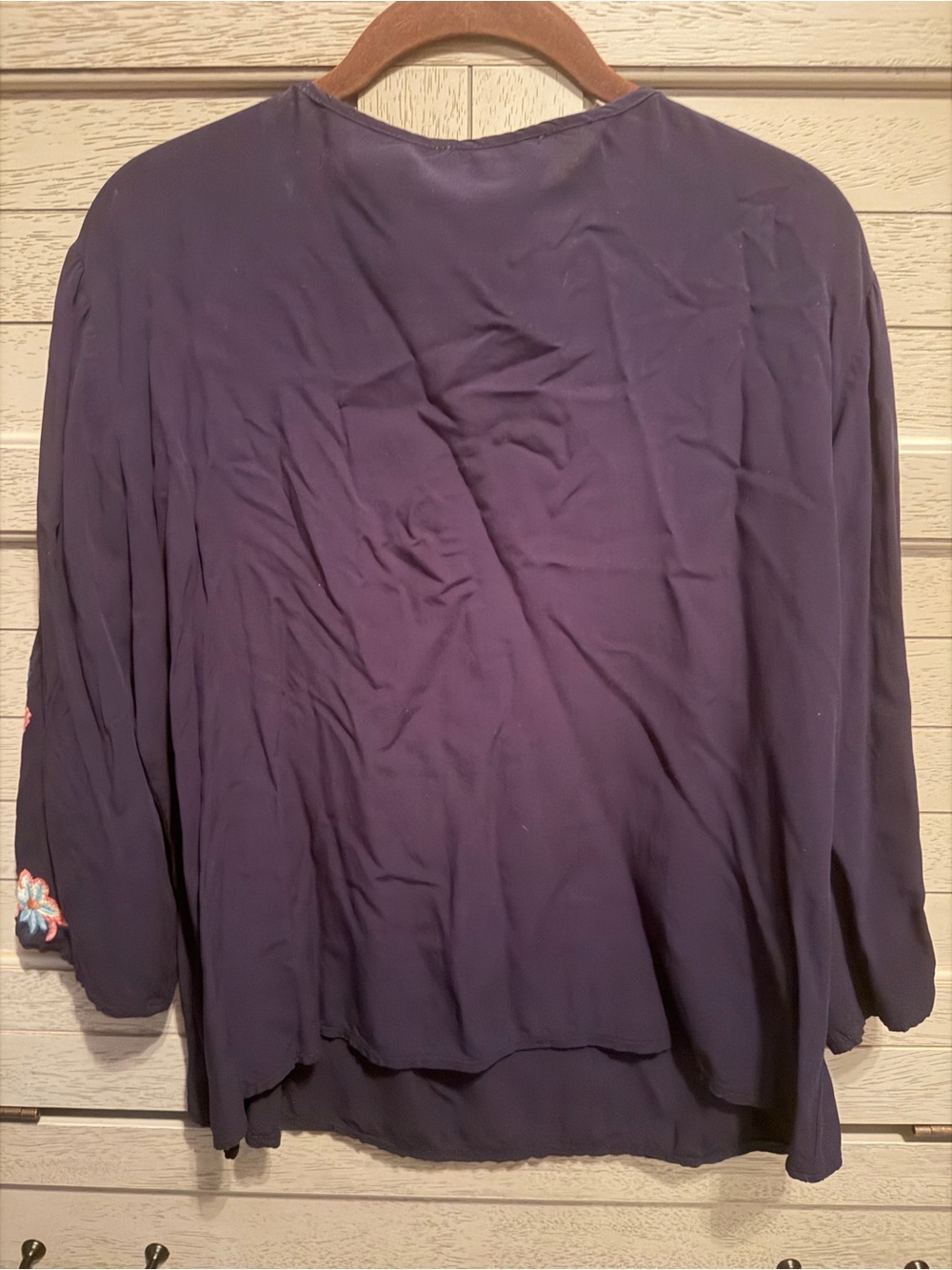 Solitaire Navy V-Neck Blouse with Colorful Floral Embroidery - Picture 2 of 5